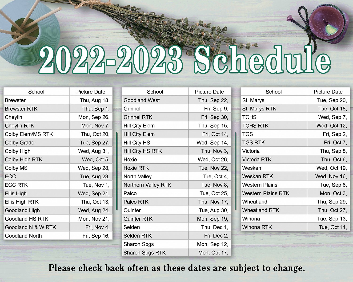 2022-2023 Picture Schedule - SCHOOL Information Blog - Leann's Photos